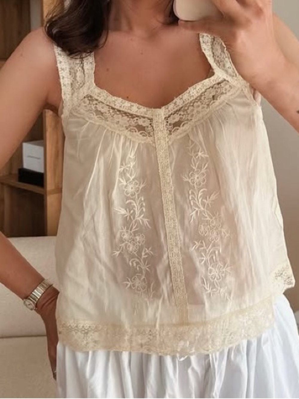 Vintage Style Lace-Trim Embroidered Ivory Camisole with Embroidery - NWT, size M